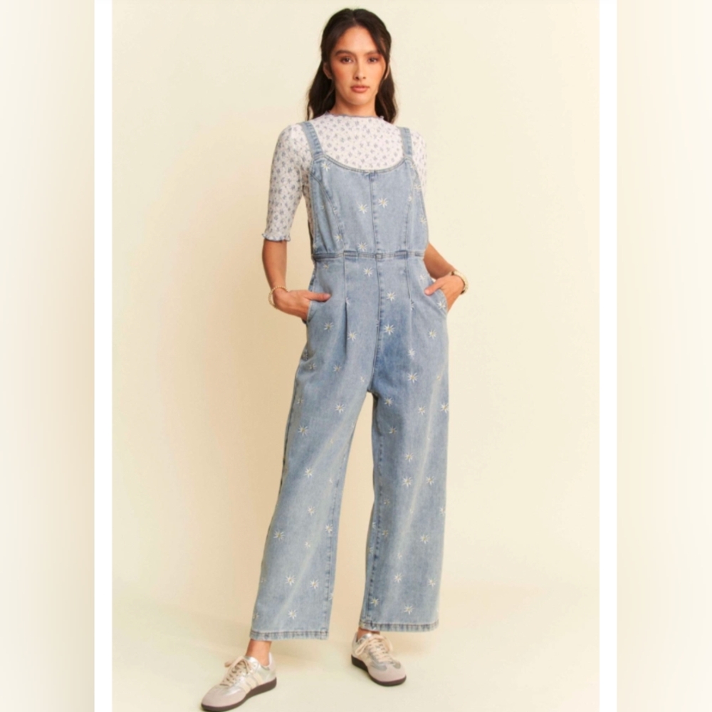 Daisy Plus Embroidered Side Pocket Daisy Overalls 1X 2X 3X Blue White NWT